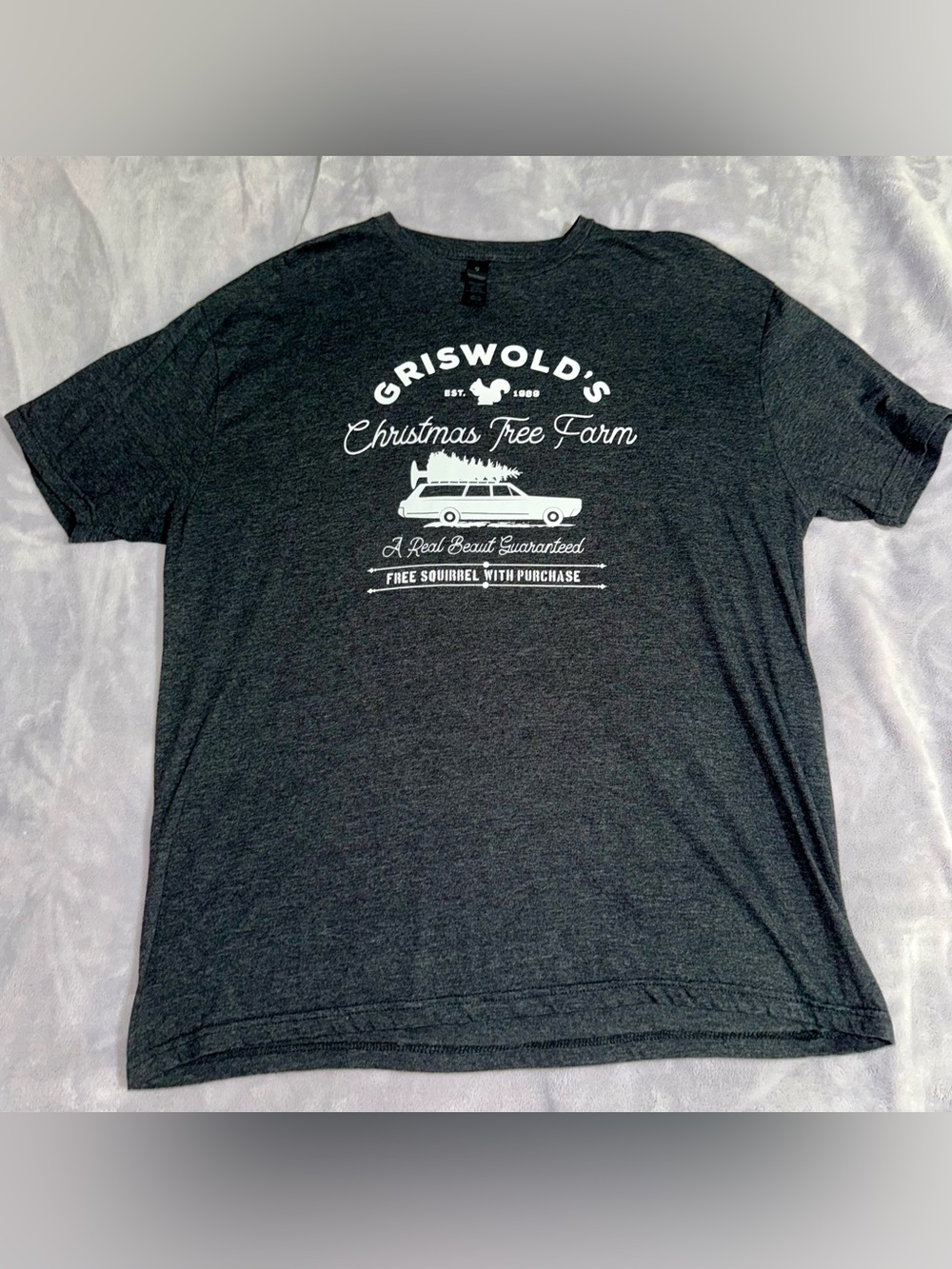 Gildan Dark Gray Short-Sleeve Tee with White Griswold’s Christmas Farm Graphic